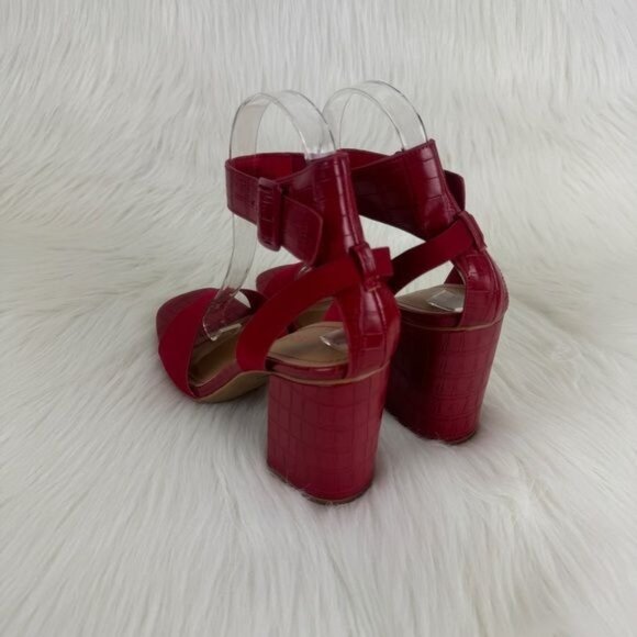 Bamboo Red Milestone Croc Accent Ankle Strap Chunky Block Heel Sandals - Picture 9 of 10